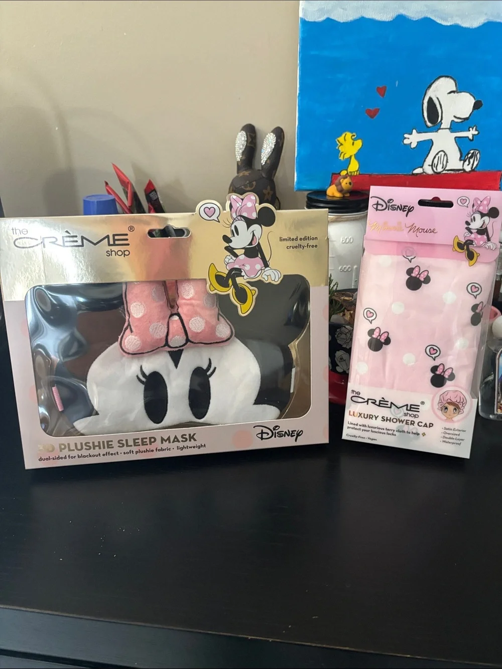 Disney Minnie Mouse Pink Plush Sleep Mask and Pink Shower Cap Set